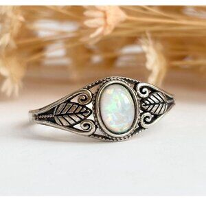 Fire Opal Foliage Southwest Sterling Silver Vintage Solitaire Ring - sz 8.75